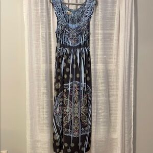 ONE WORLD Blue and Black Smocked Maxi Sundress